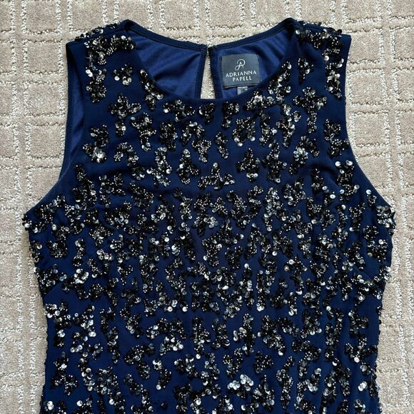 ADRIANNA PAPELL Sequin Beaded Dress 4 Navy Blue Sleeveless Cocktail Embellished - Picture 2 of 11